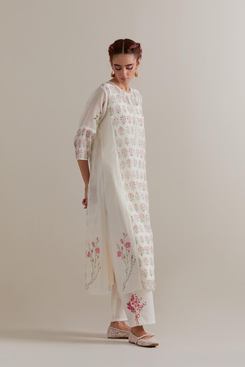 Off-White Floral Block Print Kurta Set with Dupatta
