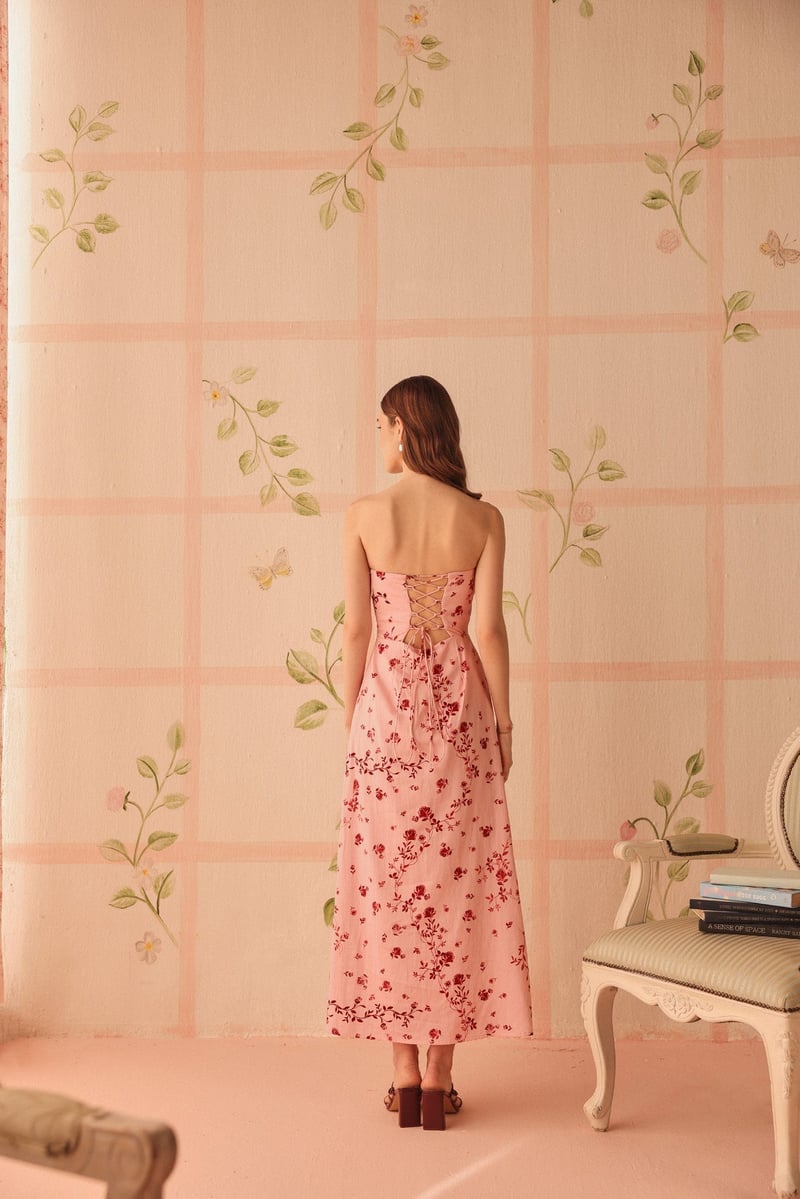Pink Red Floral Strapless Corset Maxi Dress