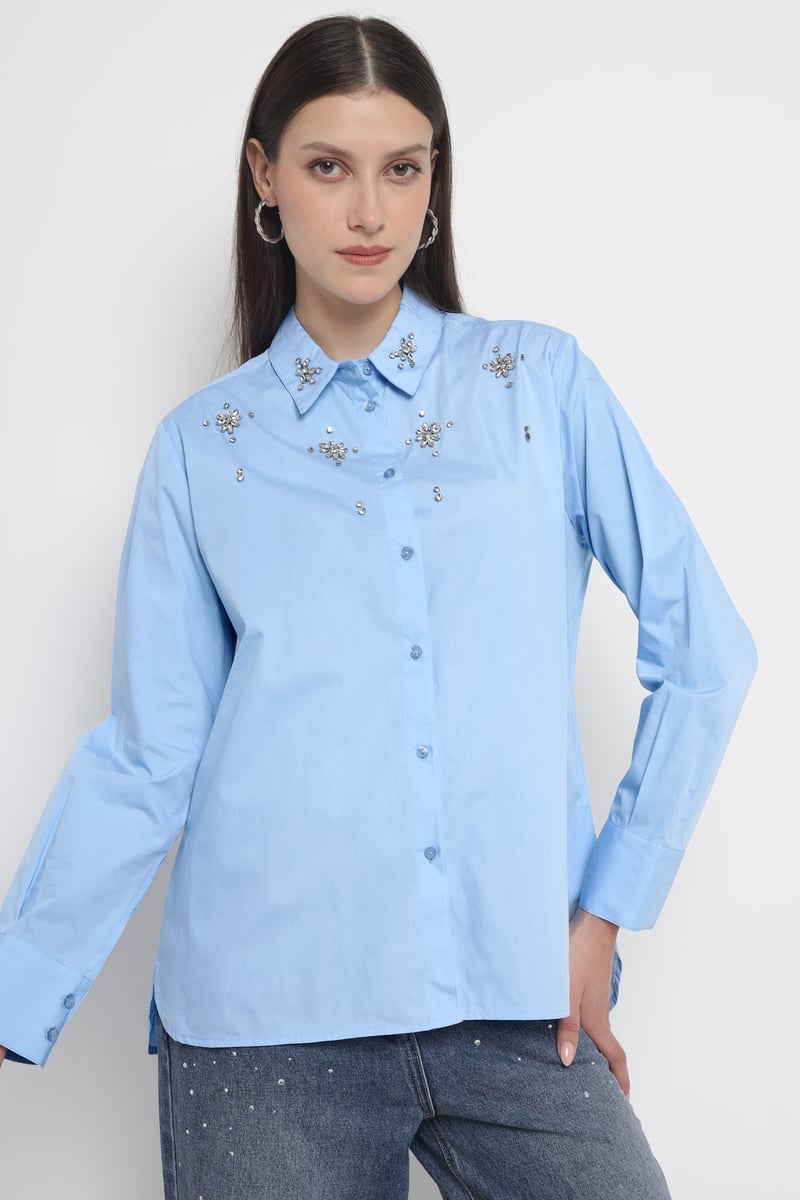 Light Blue Embellished Cotton Button-Down Shirt — Diana Gallesi
