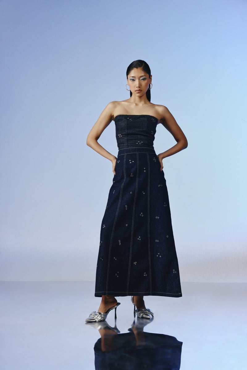 Deep Indigo Strapless Denim Top with Eyelet Detail