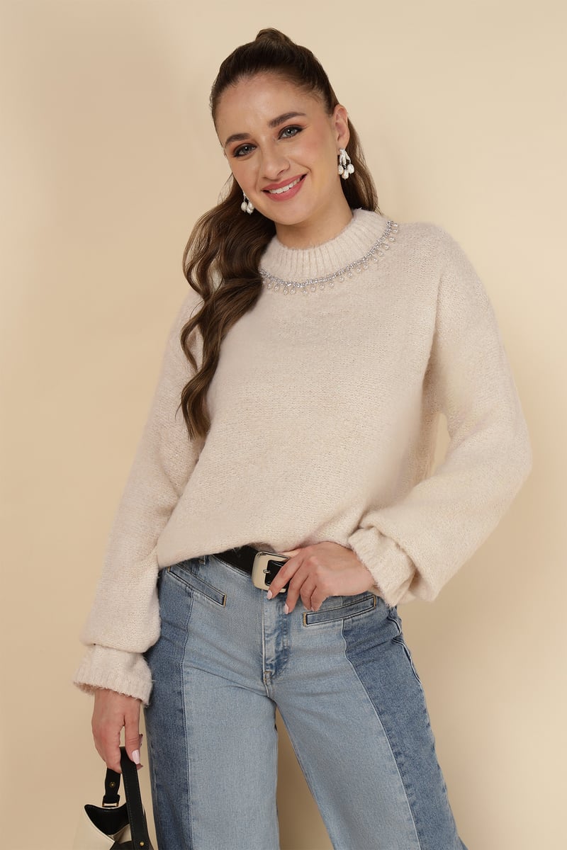 Beige Embellished Neck Pullover Sweater