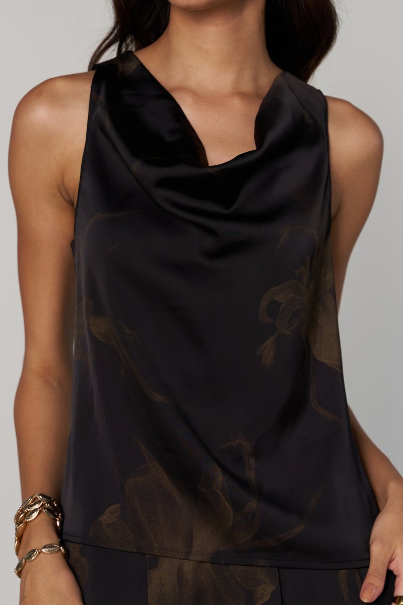 Black Satin Cowl Neck Sleeveless Printed Top