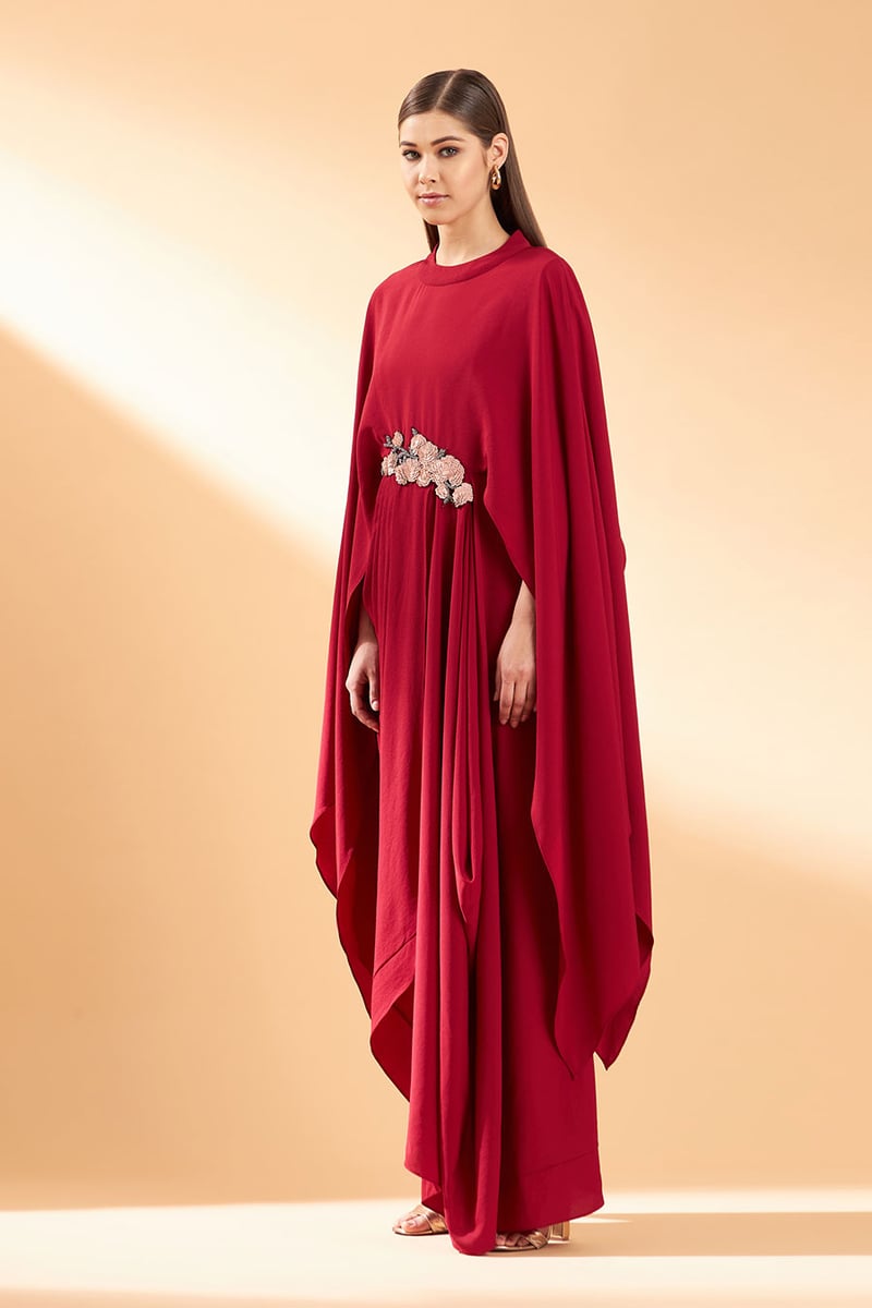 Maroon Maxi Cape Drape Dress with Sequin Embroidery