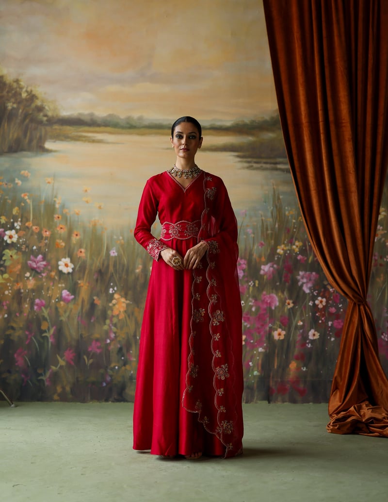 Scarlet Silk Chanderi Embroidered Anarkali Set