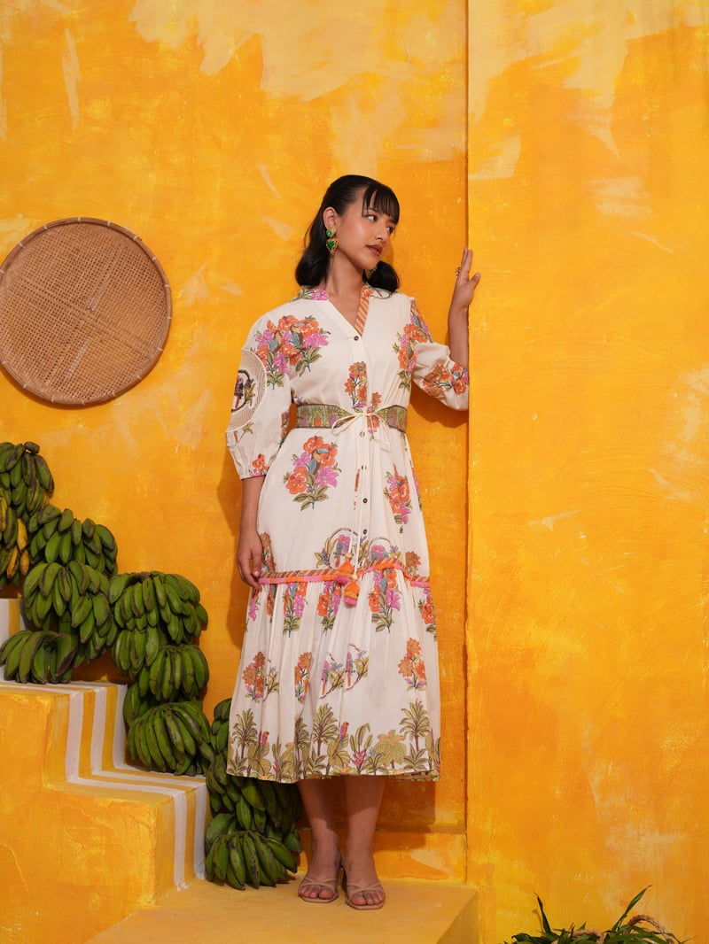 Off White Tropical Printed Button-Down Tiered Midi Dress