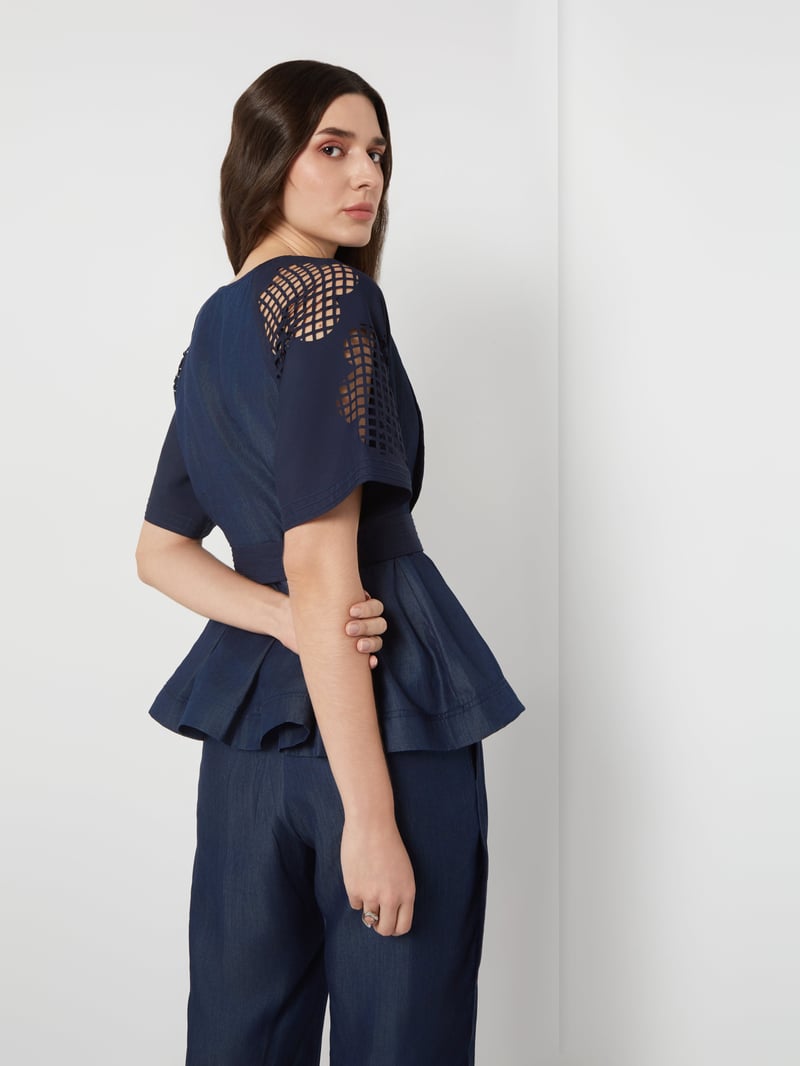 Navy Tencel Denim Peplum Top with Cutwork Sleeves