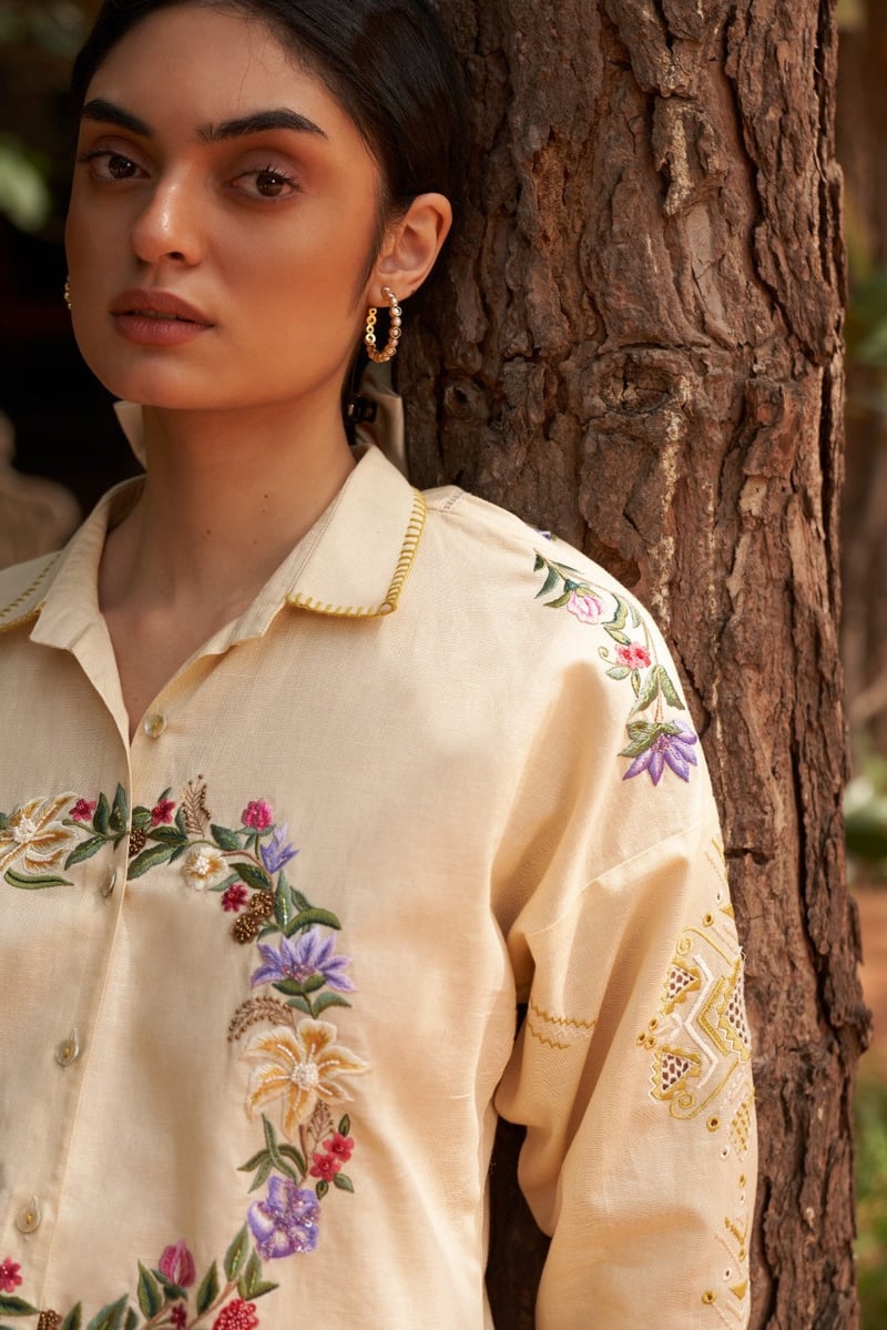 Beige Embroidered Shirt and Wide-Leg Pants Co-ord Set