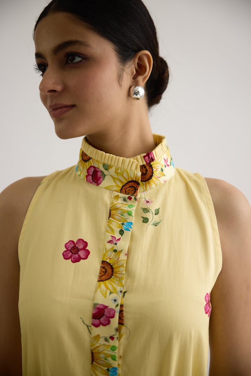 Yellow Floral Printed Tiered Maxi Dress with Waist Tie