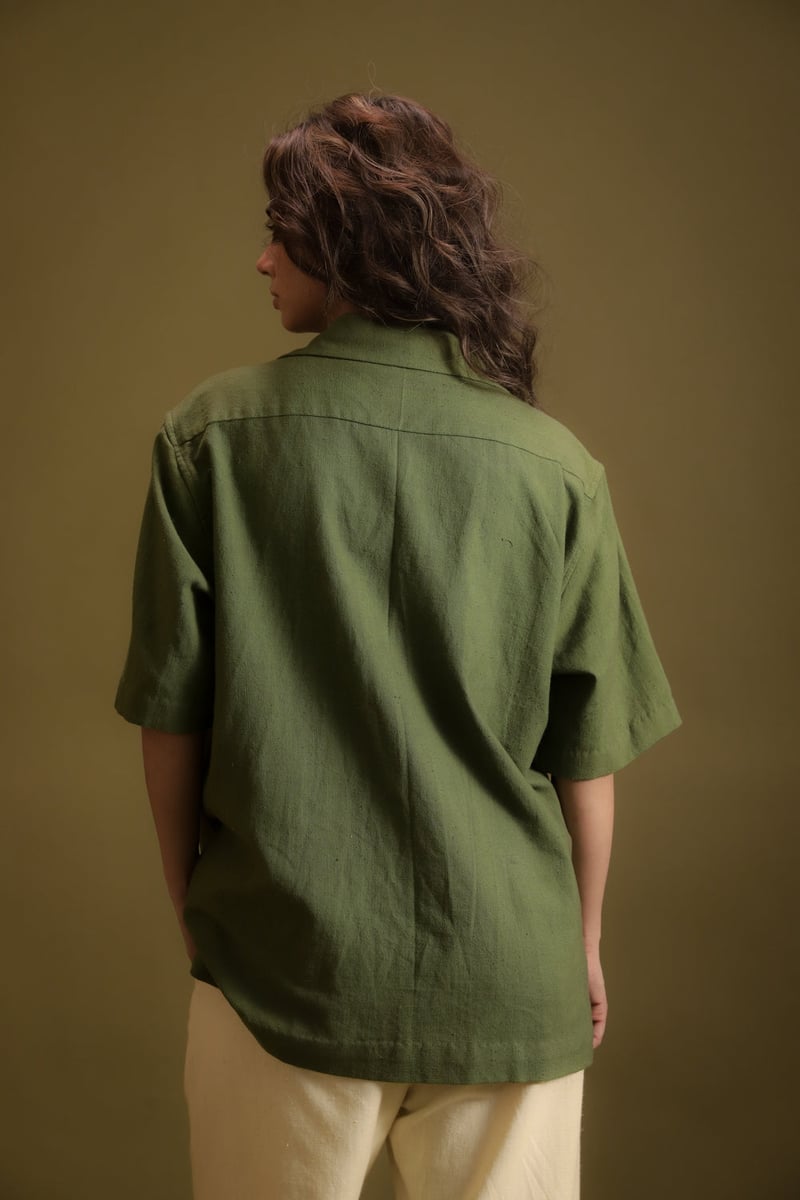 Olive Green Khadi Relaxed-Fit Shirt with Embroidered Pockets