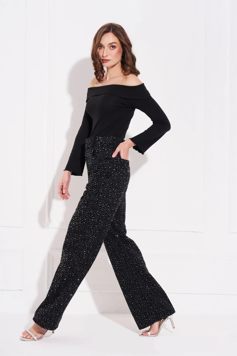 Black Crystal-Embellished Wide-Leg Denim Trousers