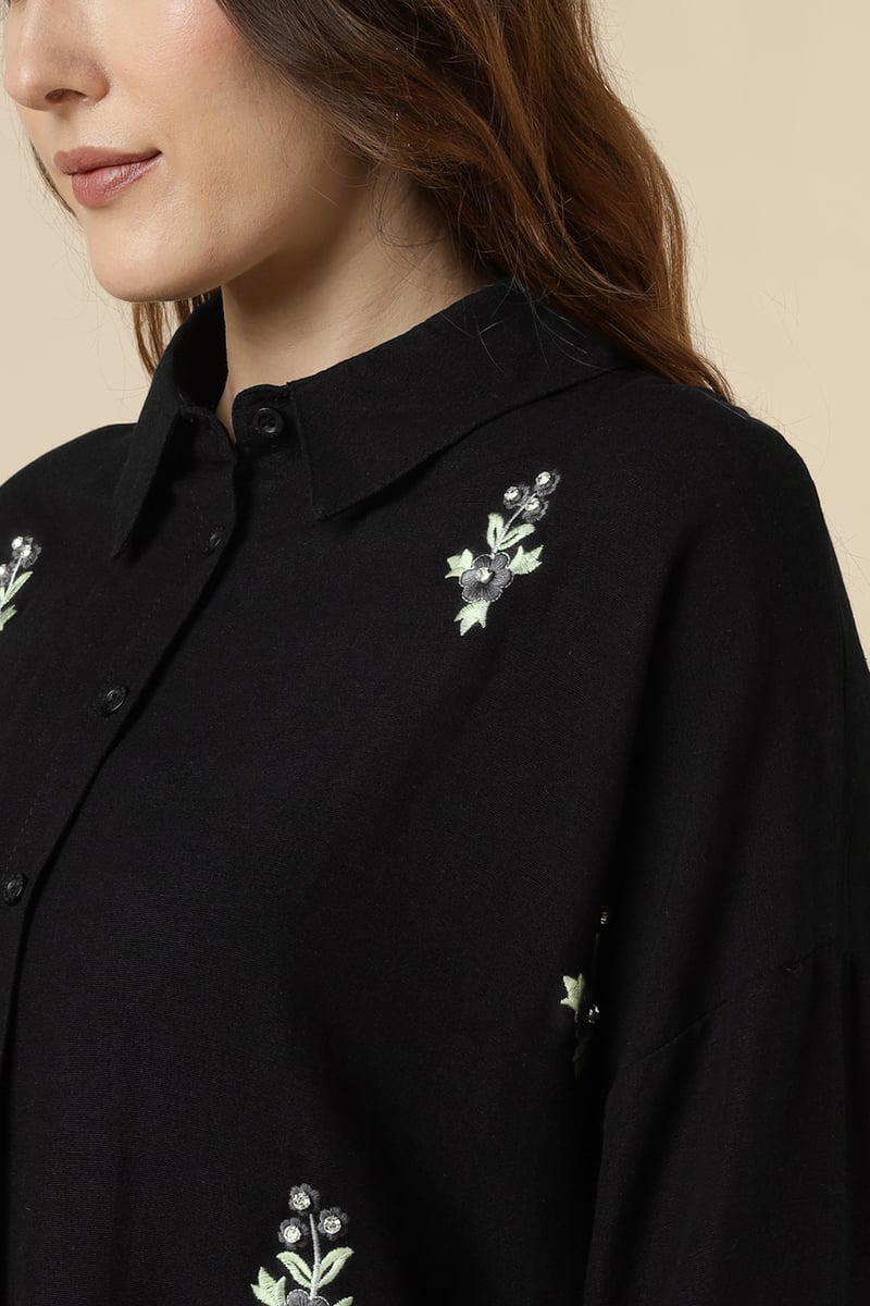 Black Collared Button-Down Shirt with Floral Embroidery