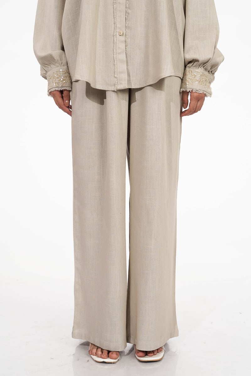 Beige Embroidered Shirt and Wide-Leg Pants Co-ord Set