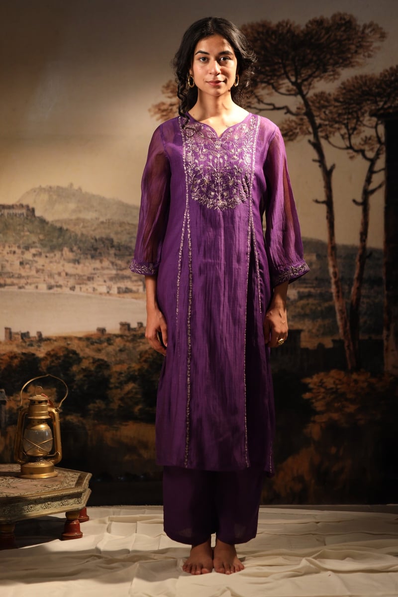 Purple Chanderi Embroidered Kurta Set with Pants and Slip