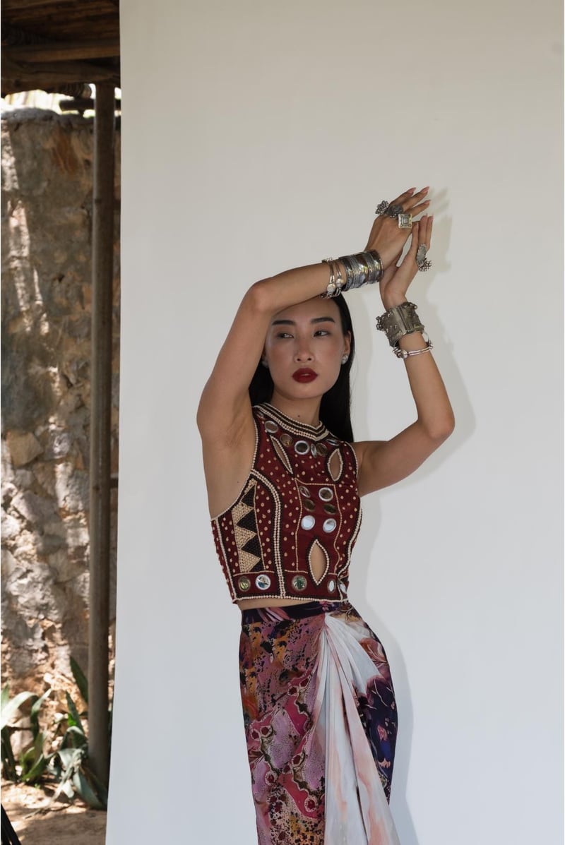 Merlot Embellished Crop Top and Printed Drape Skirt Set