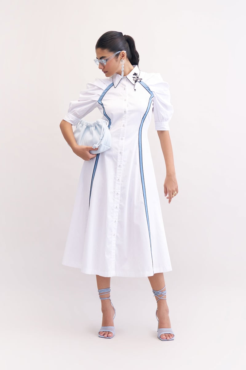 White Midi Shirt Dress with Blue Side Panels