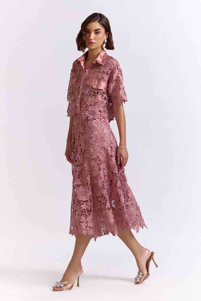 Onion Pink Lace Shirt and Midi Skirt Co-ord Set