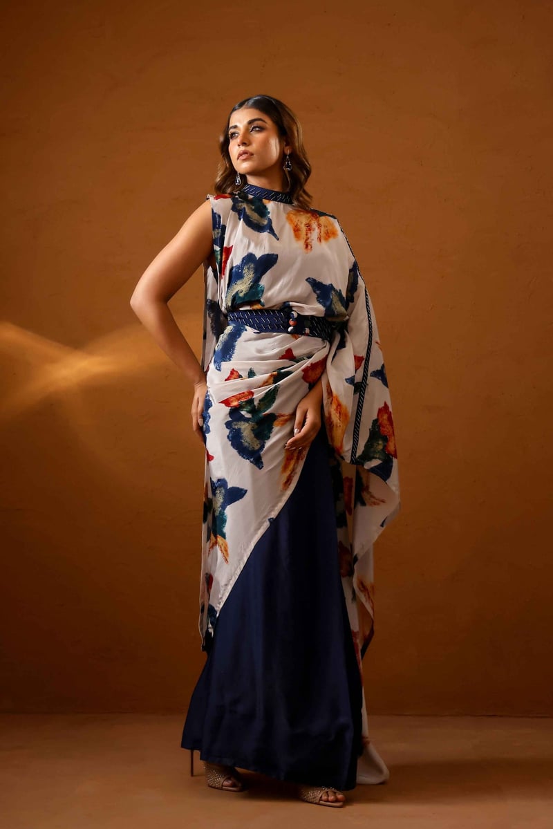 Multicolor Abstract Printed Draped Saree Set with Belt