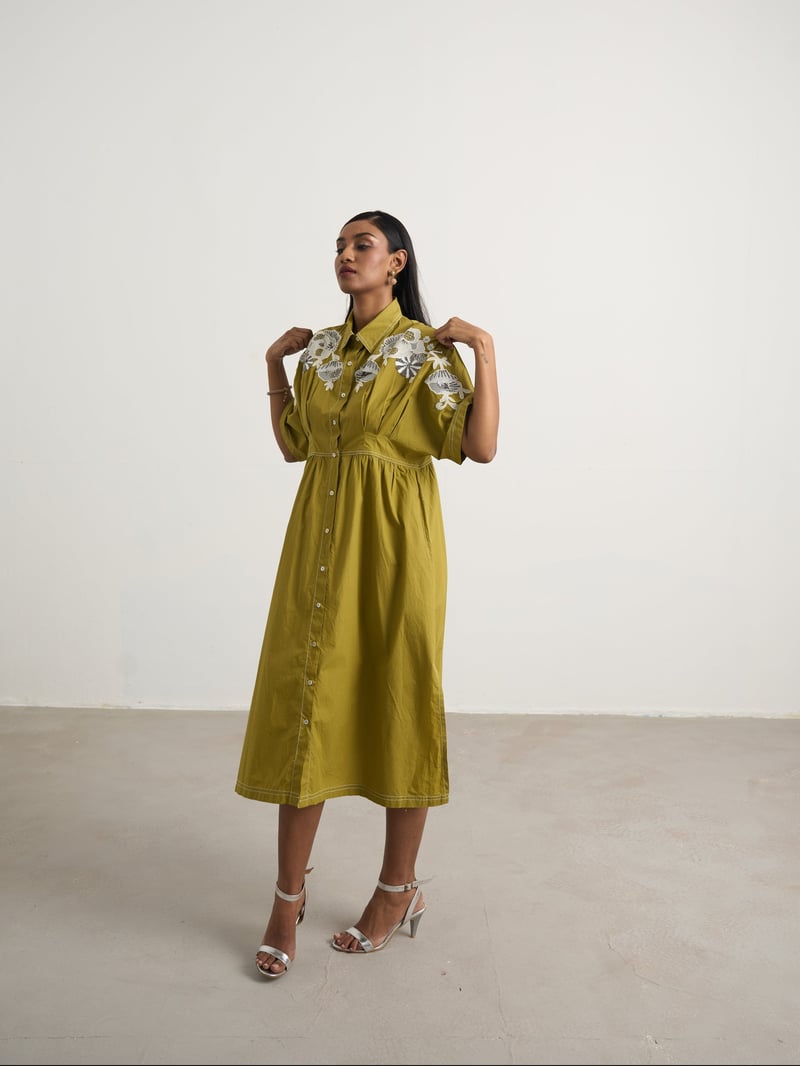 Green Embroidered Button-Down Cotton Midi Shirt Dress