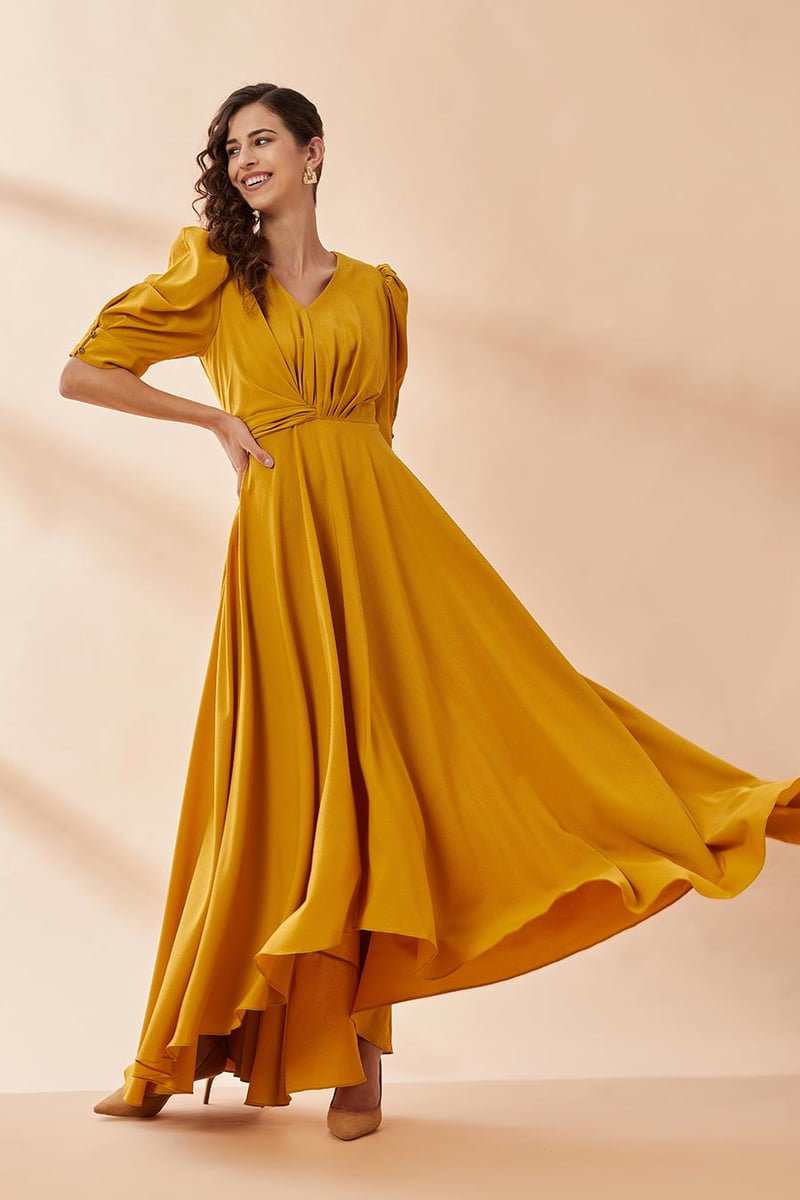 Mustard Yellow Drape Maxi Gown Dress with Angel Sleeves