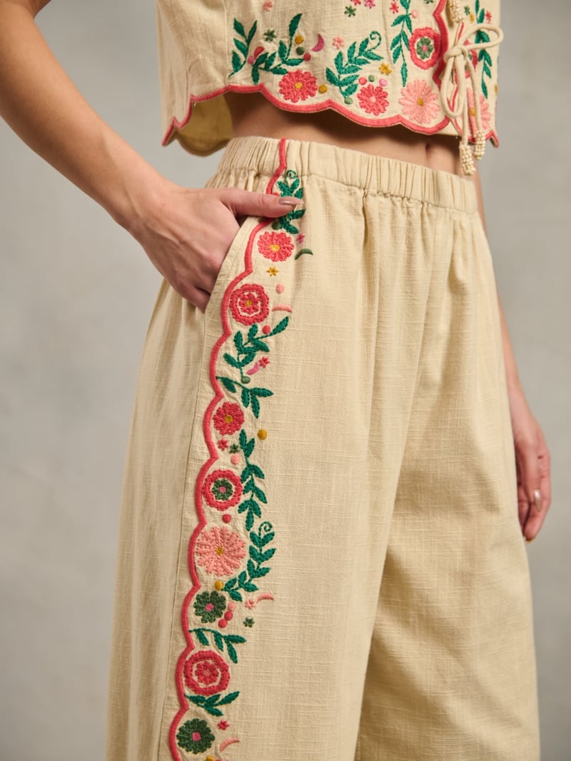 Pink Cotton Wide-Leg Embroidered Pants