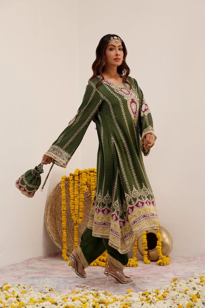 Olive Green Printed A-Line Kurta Set with Dhoti Pants