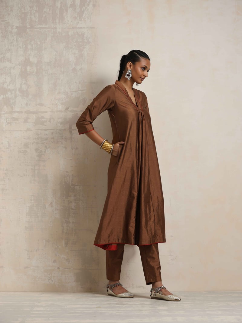 Brown Silk Blend A-Line Kurta Set with Pants