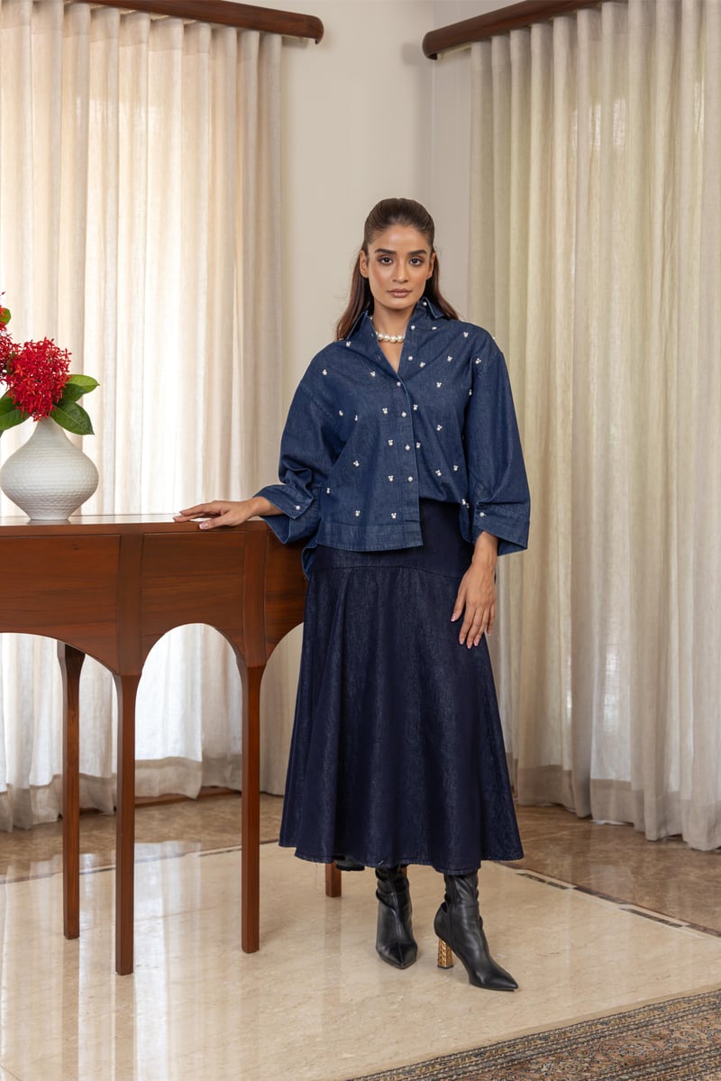 Dark Blue Denim Boxy Shirt with Pearl Accents — Eko Clothing