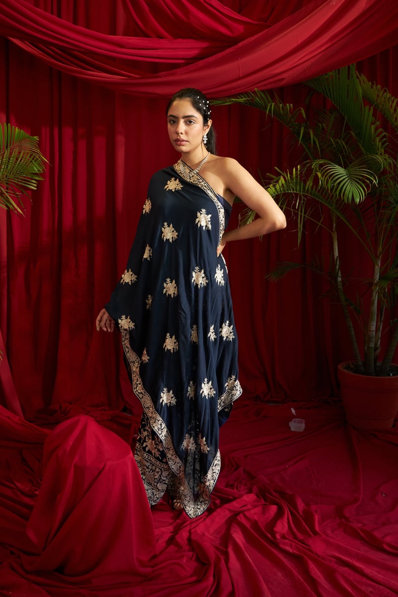 Navy One-Shoulder Embroidered Cape and Pants Co-ord Set — TASUVURE