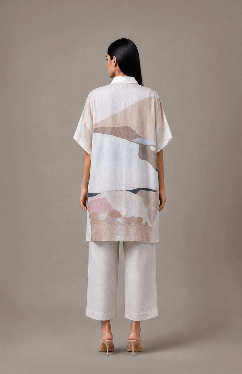 White/Beige Abstract Longline Shirt and Pant Co-ord Set