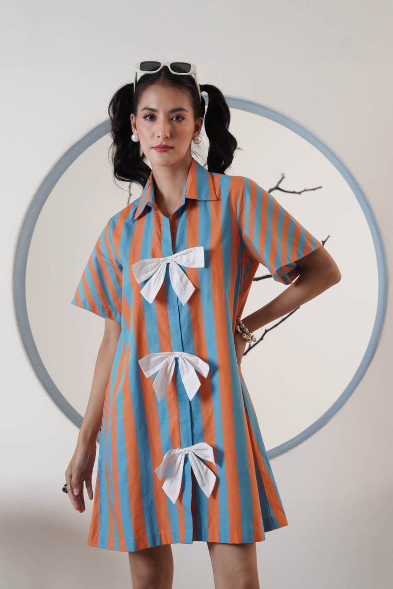 Blue and Orange Striped Mini Shirt Dress with Bow Detail