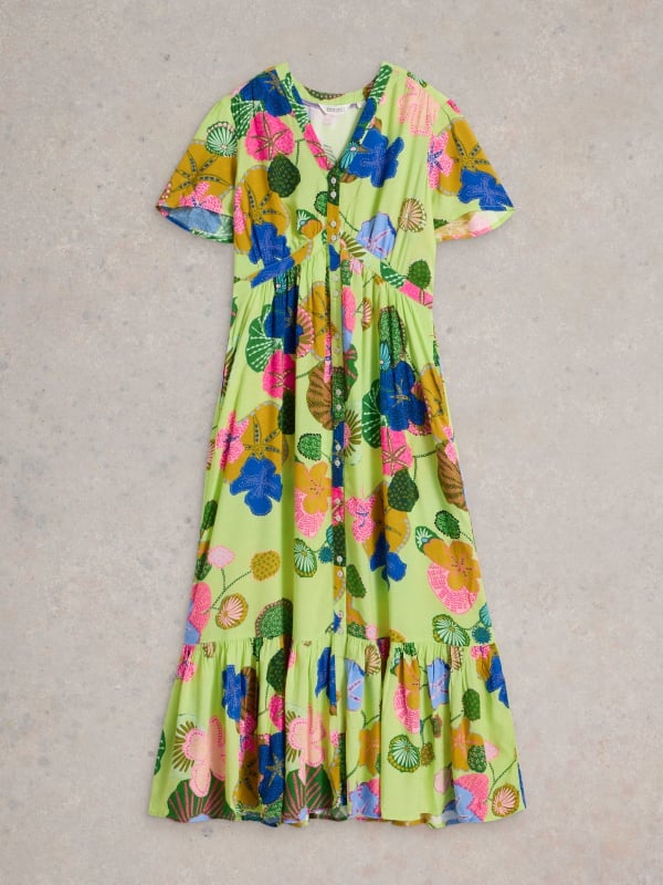 Green Floral Button-Through Tiered Midi Dress