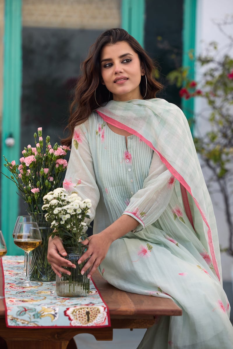 Ice Blue Hand-Painted Floral Silk Chanderi Kurta Set