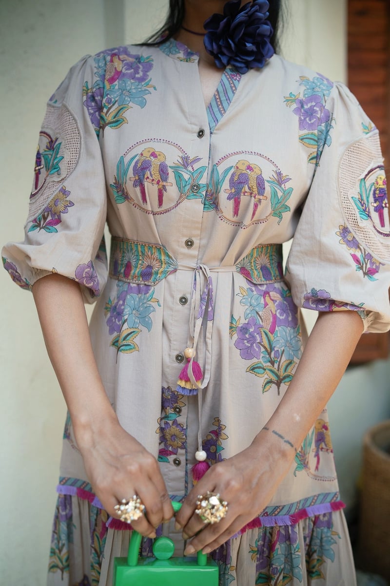 Dusty Lilac Tropical Printed Belted Tiered Midi Dress