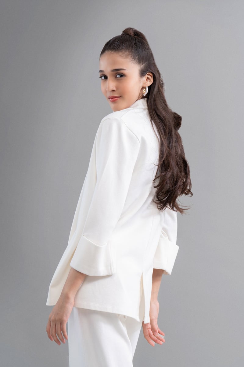 Ivory Interlock Knit Blazer with Lapel Collar