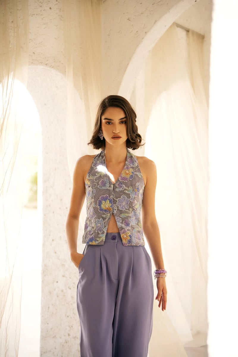 Periwinkle Halter Embroidered & Beaded Net Waistcoat
