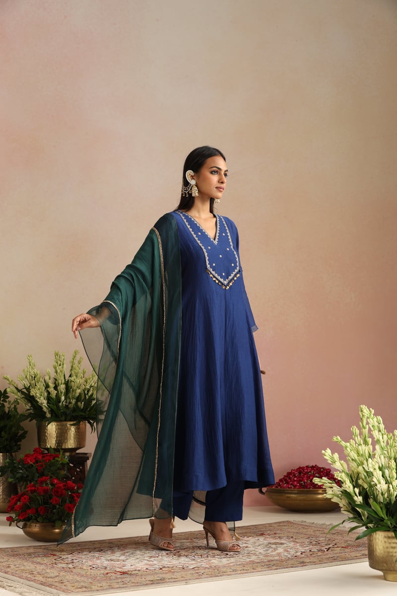 Royal Blue Silk Chanderi Embroidered Kurta Set