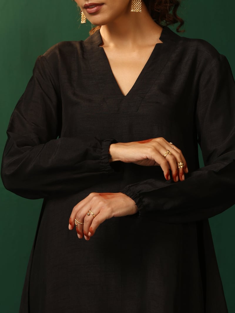 Black Silk-Blend V-Neck Co-ord Set with Wide-Leg Pants