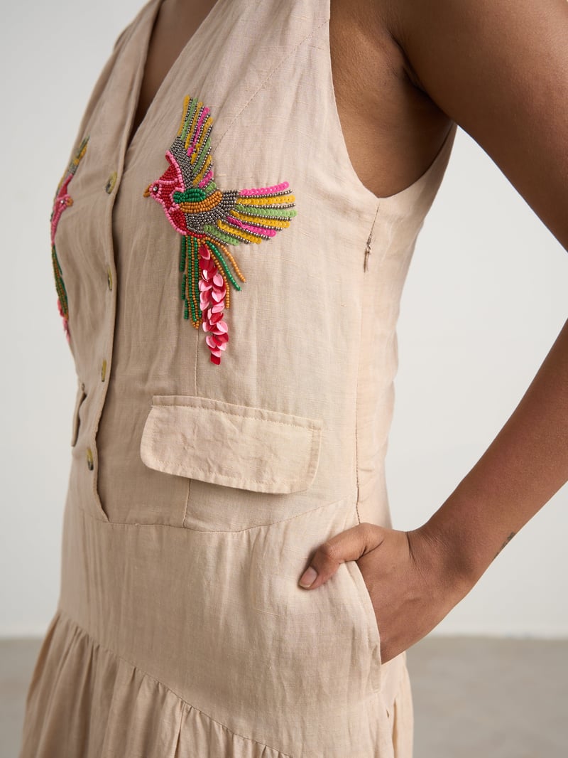 Beige Linen Hand-Embroidered Button-Front Maxi Dress