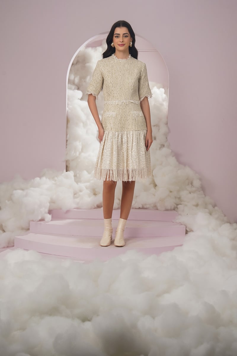 White Textured Tweed Sequin Tiered Knee-Length Dress