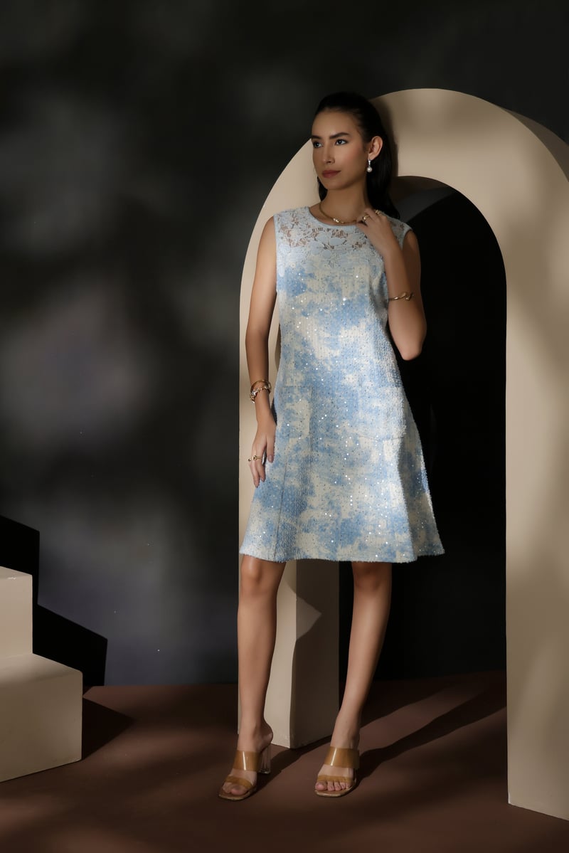Light Blue Tie-Dye Denim Fit and Flare Knee-Length Dress