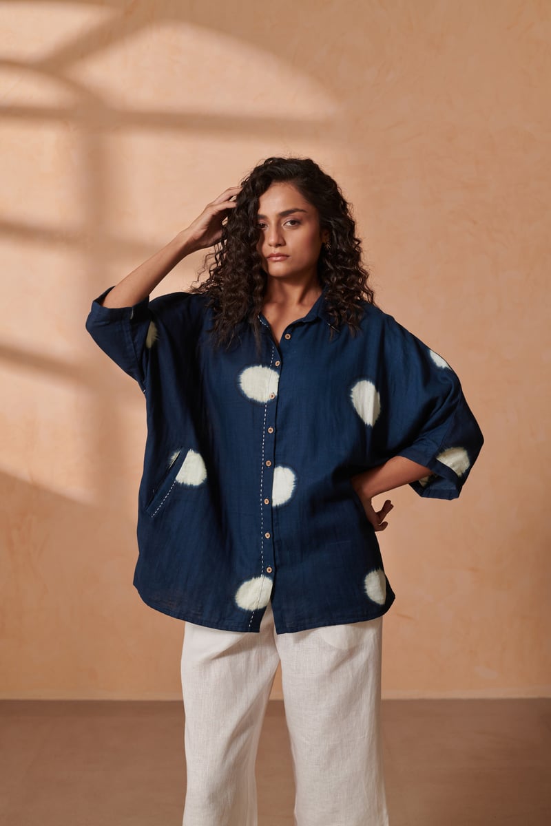 Indigo Ivory Dot Boxy Button-Down Double Gauze Cotton Shirt