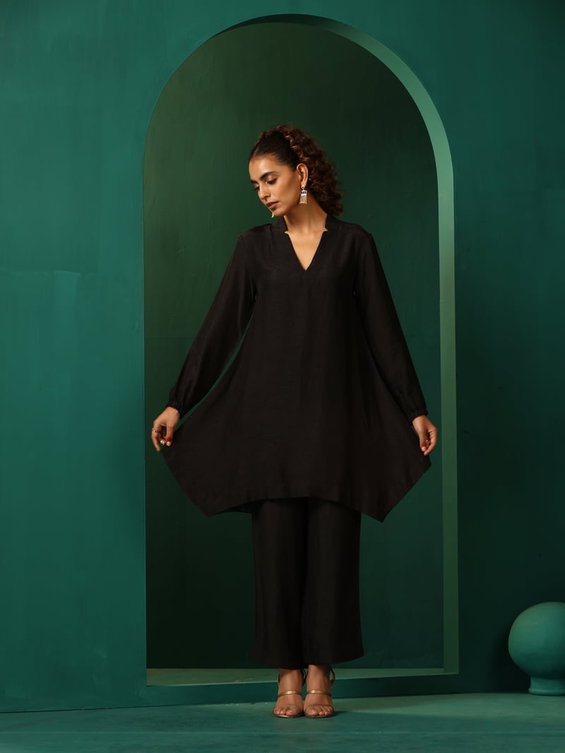 Black Silk-Blend V-Neck Co-ord Set with Wide-Leg Pants
