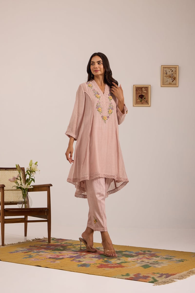 Lilac High-Low Flared Embroidered Kurta Set