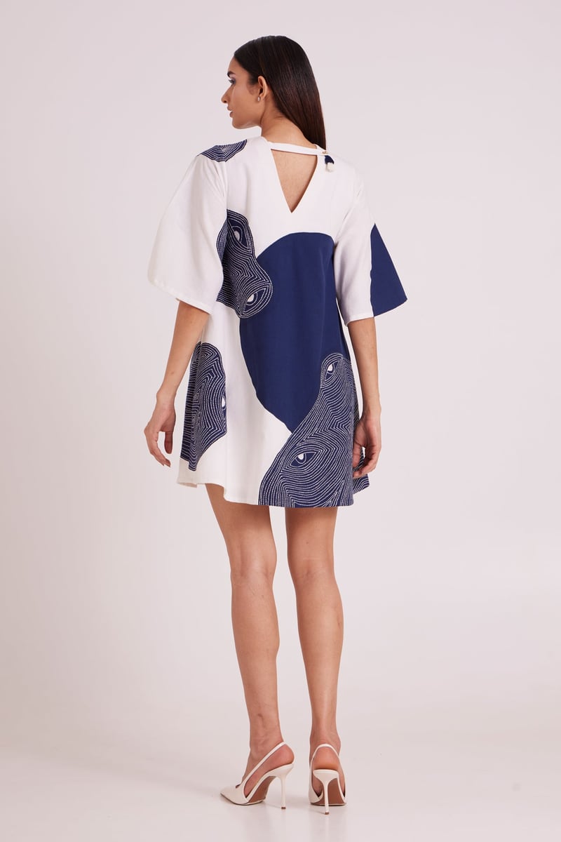 Navy and Off-White Colorblock Embroidered Mini Shift Dress