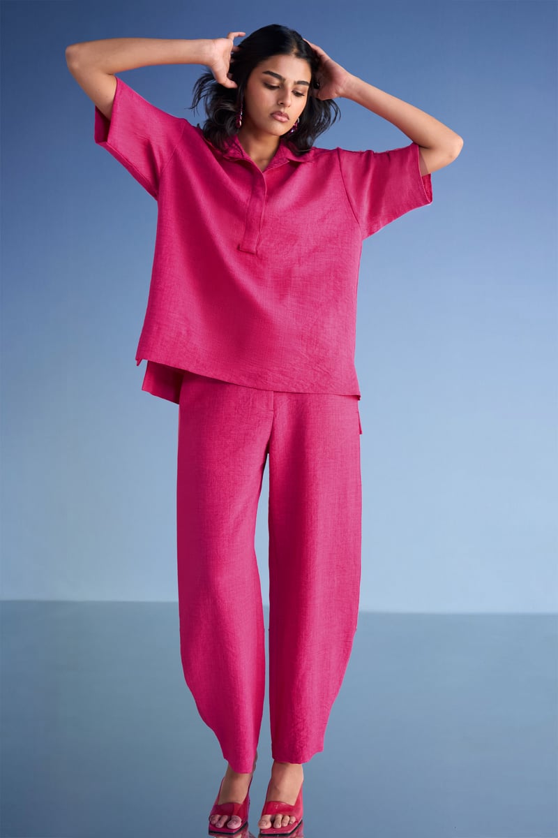 Linen-Textured High-Low Top & Straight-Cut Pant Set