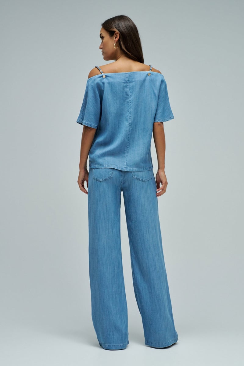 Light Wash Boat Neck Lyocell Top with Chain Straps