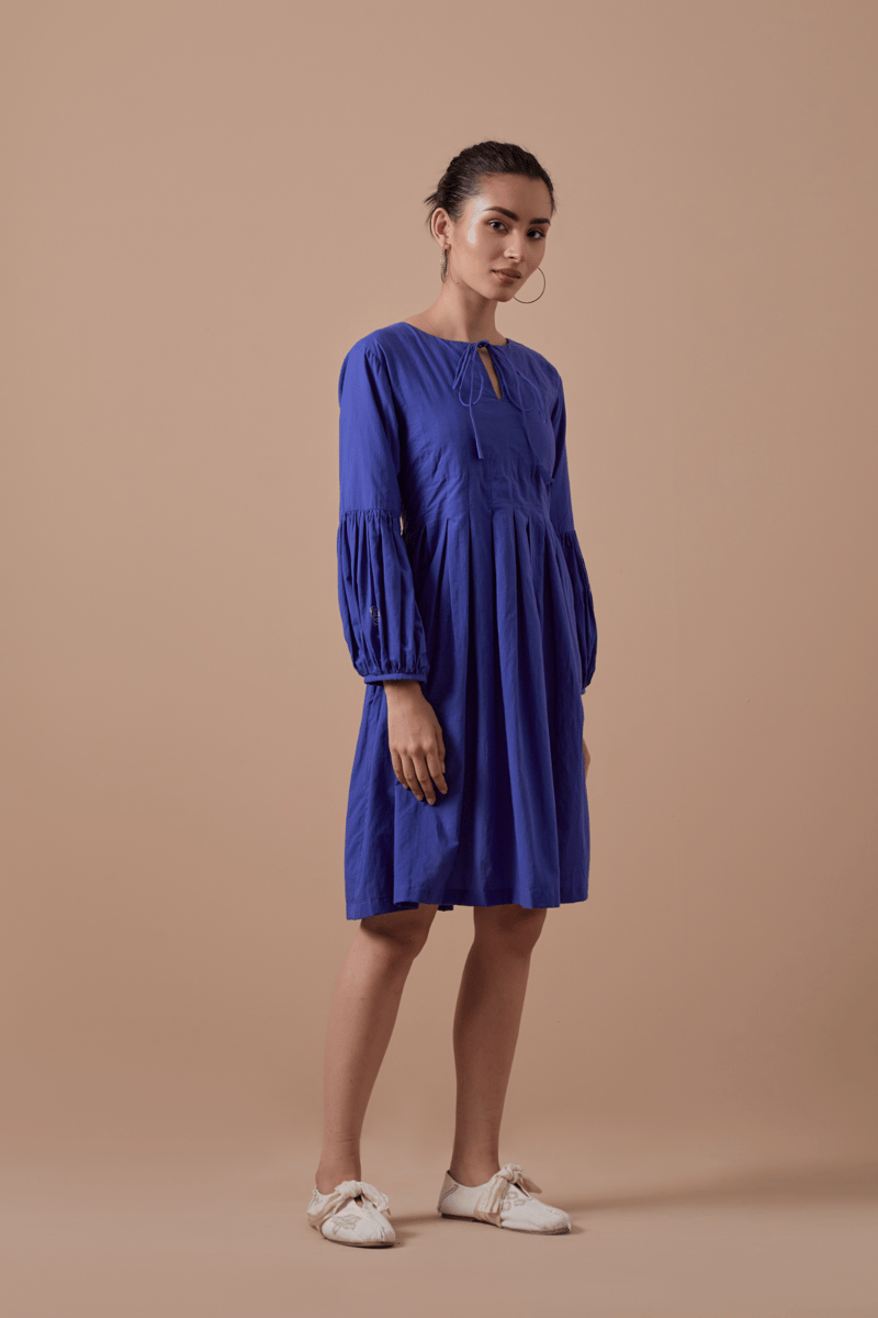 Royal Blue Handwoven Cotton Fit and Flare Knee-Length Dress