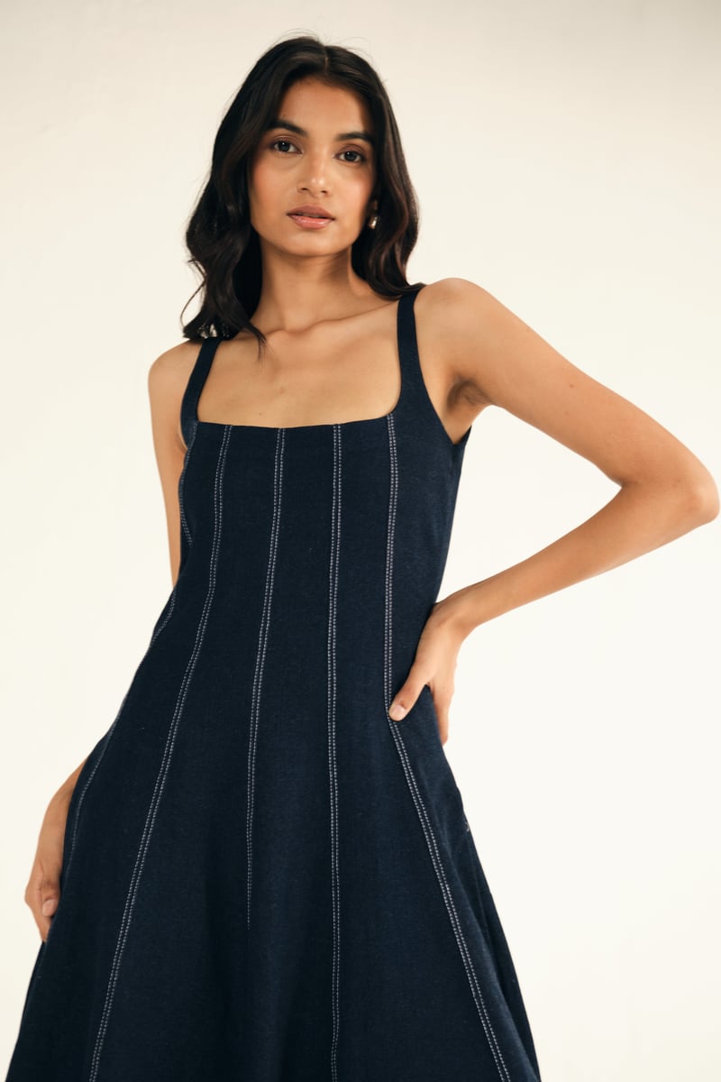Blue Denim Square-Neck Panelled Midi Dress