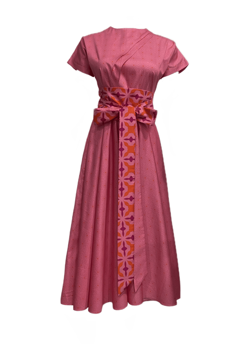 Olive Green Printed Midi Dress with Obi Belt