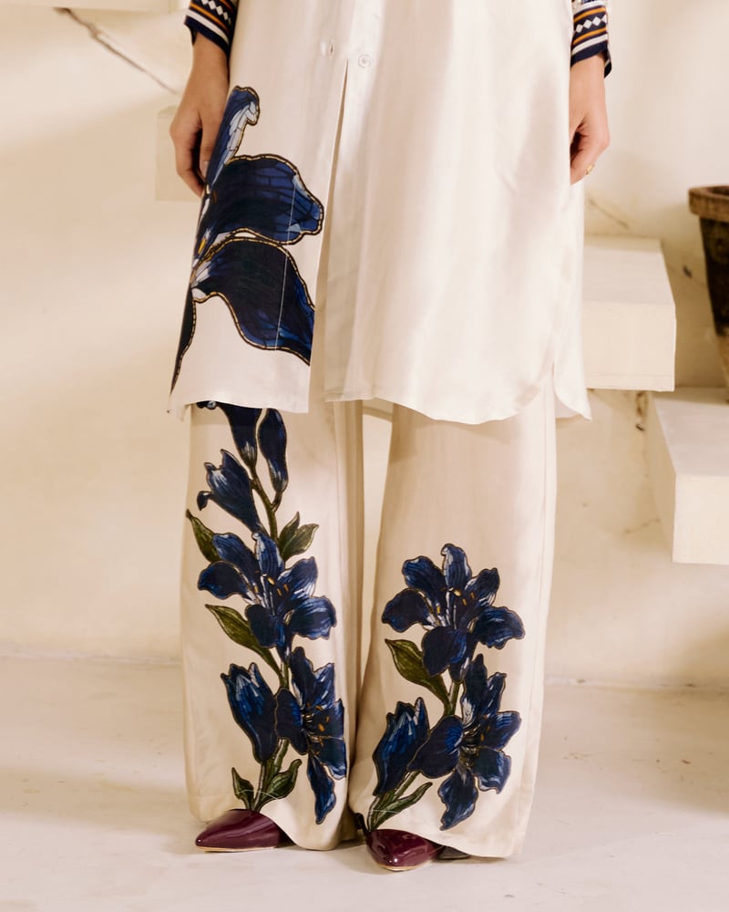 Beige High-Waist Wide-Leg Satin Trousers with Floral Print